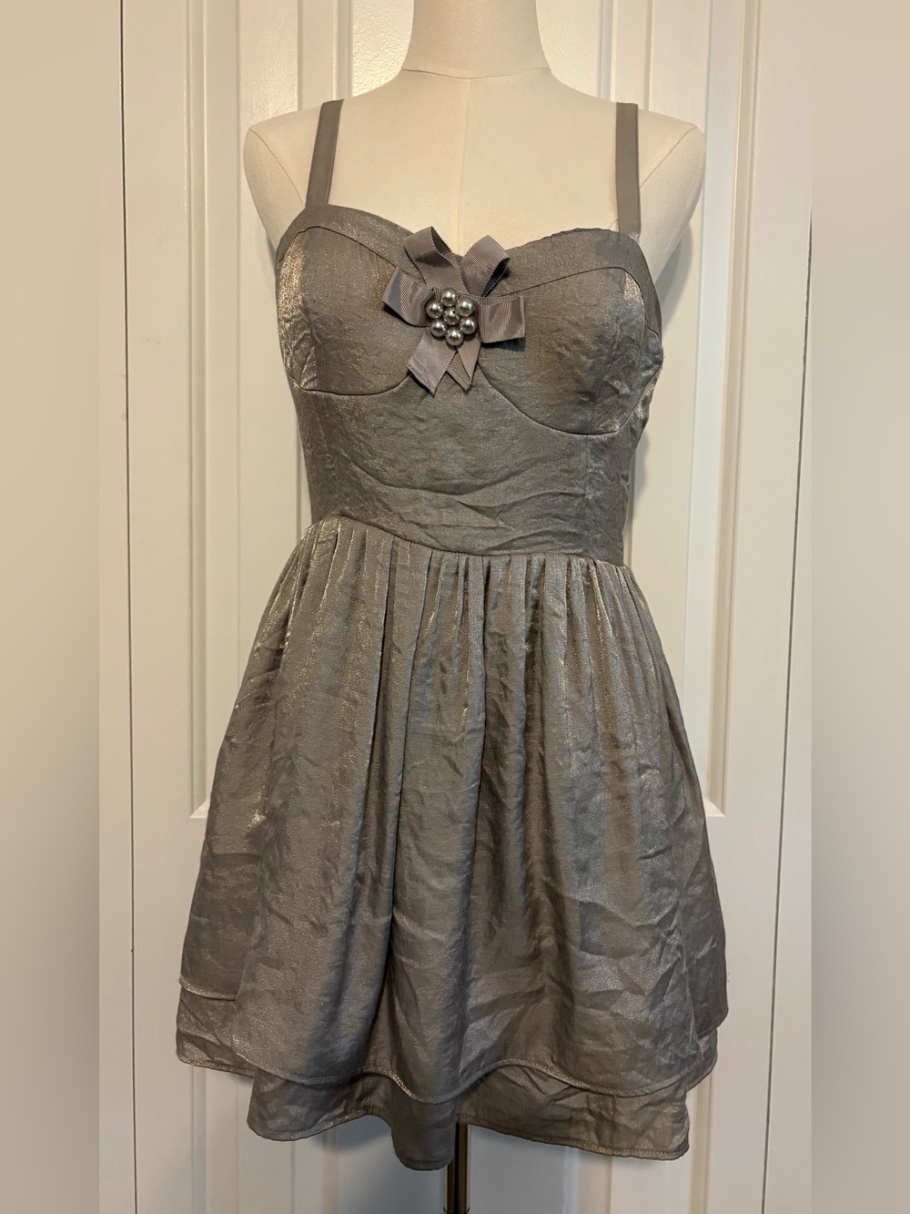 FOREVER 21 Shimmering Silver Gray Bustier Style Dress with Pearl & Bow Detail